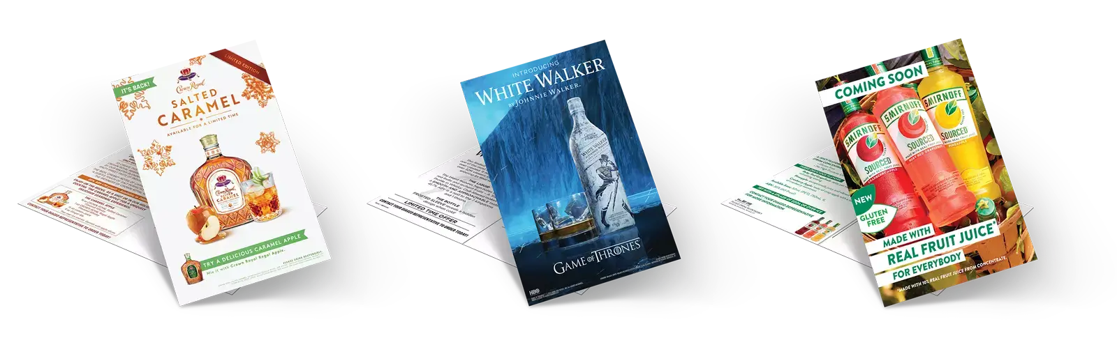 Diageo Cards - Crown Royal Salted Caramel, White Walker game of thrones, Smirnoff fruit